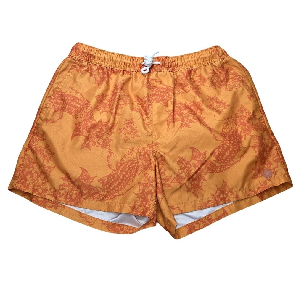 Empyre Swim‎ Shorts Men M Orange Floral Fish Print Lined Beachy Drawstring Waist